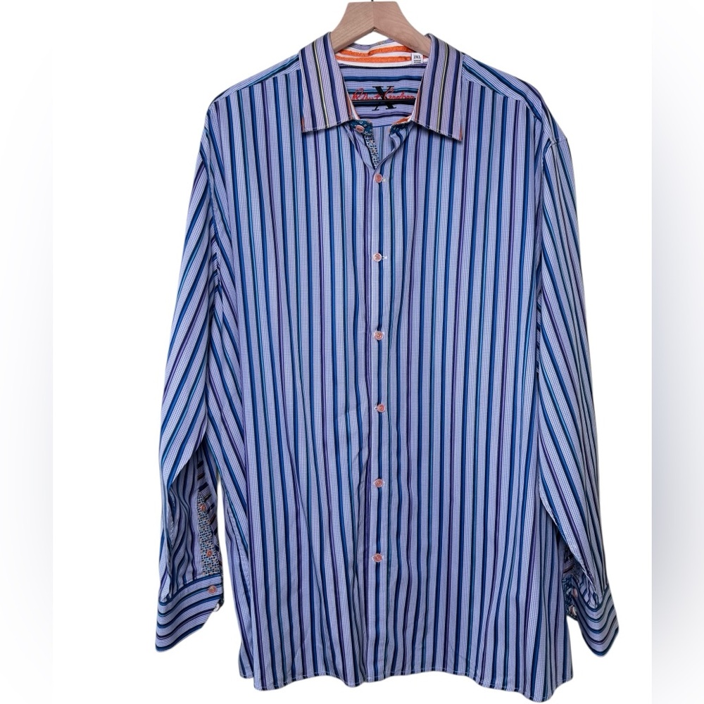 ROBERT GRAHAM Flip Cuff Striped Gingham Button Down Shirt Blue Purple 2XL - Picture 2 of 16